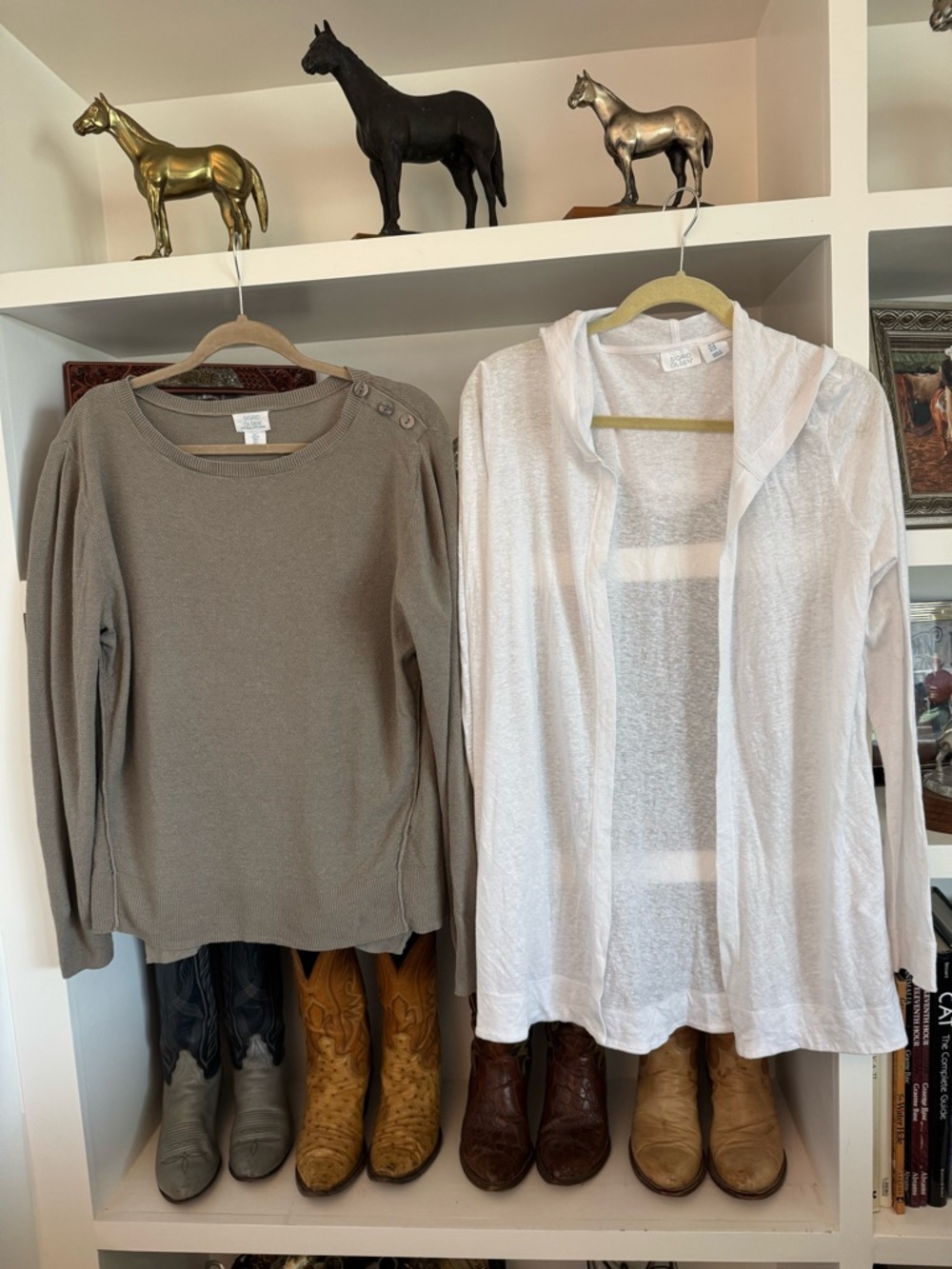 Sigrid Olsen Taupe Knit Button-Shoulder Top & White Sheer Hooded Cardigan